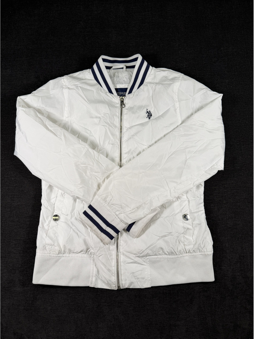 U.S. Polo Assn. White Polyester Bomber Jacket with Navy Striped Ribbing